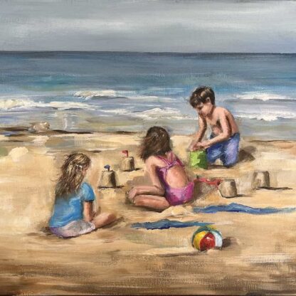 Building Castles - Seascape painting of children building sand castles